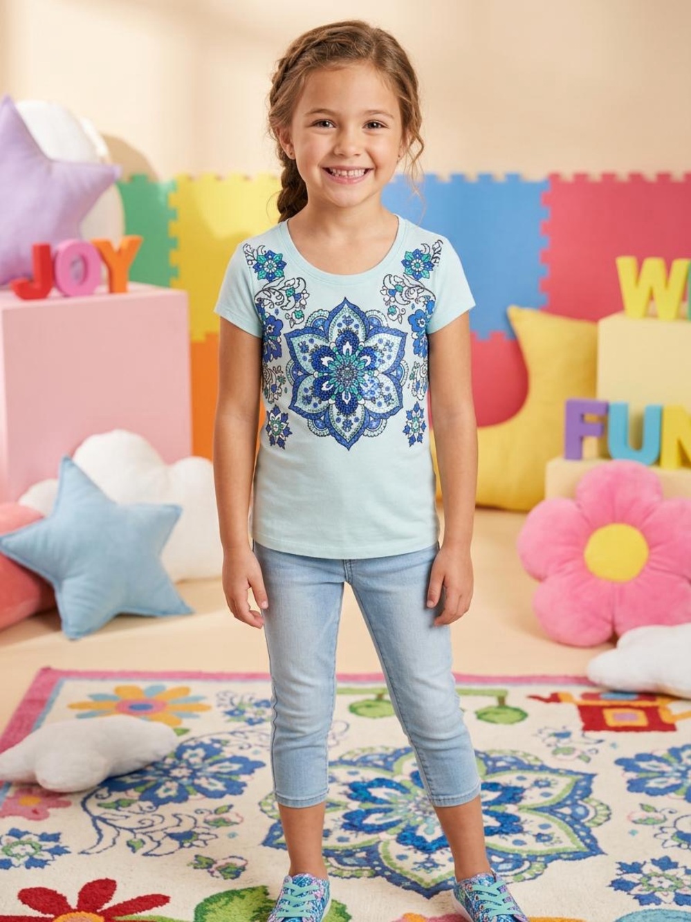 Justice Light Blue Tee with Blue Mandala Graphic - Kids Short Sleeve